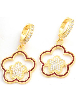 Derin Stok ​gümüş Gold Sallantılı Çiçek Desenli Kadın Küpe