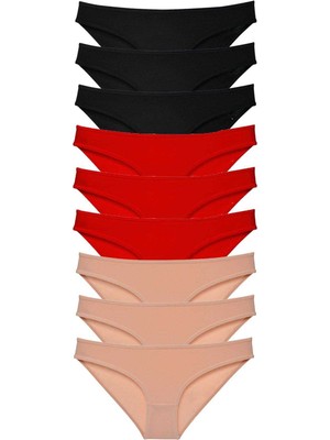 Çerçici 9 Adet Süper Eko Set Likralı Kadın Slip Külot Siyah Kırmızı Ten-Royaleks