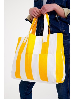 Derin Stok Kadın Kanvas 2 Cepli Günlük Renkli Plaj Omuz Çantası Sarı