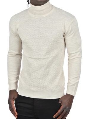 Rizzup Erkek Bej Zigzag Desenli Tam Balıkçı Yaka Dar Kesim Boğazlı Triko Kazak 2505497