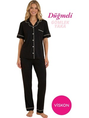 Seamlife Kadın Önden Düğme Gömlek Yaka Saten Biyeli Göğüs Cepli Viskon Kısa Kol Pijama Takımı