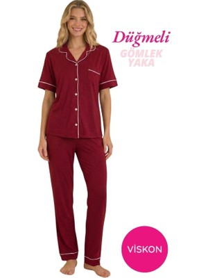 Seamlife Kadın Bordo Önden Düğme Gömlek Yaka Saten Biyeli Göğüs Cepli Viskon Kısa Kol Pijama Takımı