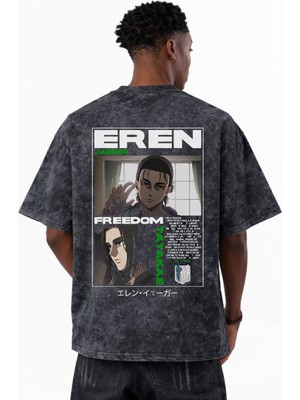 Sevbano Eren Jaeger Tatakae Attack On Titan Anime Baskılı Unisex Oversize Vintage Yıkamalı Tişört
