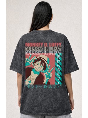 Sevbano Monkey D. Luffy One Piece Anime Baskılı Unisex Oversize Vintage Yıkamalı Tişört