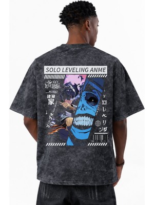 Sevbano Solo Leveling Sung Jin Woo Arise Anime Anime Baskılı Unisex Oversize Vintage Yıkamalı Tişört