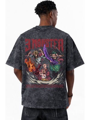 Sevbano One Piece Vinsmoke Sanji Monkey D. Luffy Roronoa Zoro Anime Baskılı Unisex Oversize Yıkamalı Tişört
