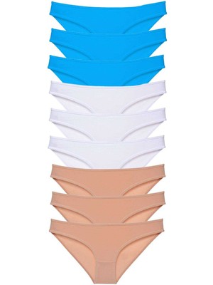 Çerçici 9 Adet Süper Eko Set Likralı Kadın Slip Külot Ten Beyaz Mavi-Royaleks