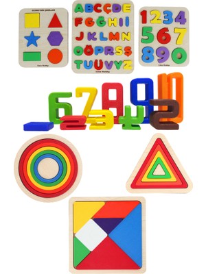 Lina Hobby 7 Parça Dev Eğitici Set - Ahşap Tabanlı ve Pla Renkli Parçalar Harf Sayı - Tangram - Puzzle