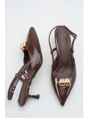 Sermoda Topuklu Kadın Ayakkabı - 5 cm Ince Topuklu Sivri Burun Kadın Stiletto Ayakkabı Rugan Kahve