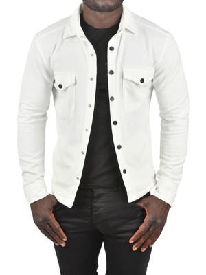 Rizzup Erkek Beyaz Örme Kalın Kumaş Gömlek Yaka Çıtçıtlı Cepleri Kapaklı Spor Ceket 2500557