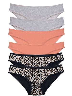 Çerçici 6 Adet Likralı Kadın Slip Külot Leopar Gri Pudra-Royaleks