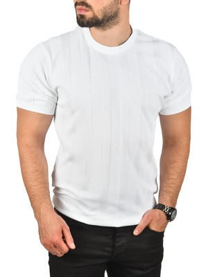 Rizzup Erkek Beyaz Dar Kesim Pamuklu Triko Tişört Slim Fit Nefes Alan Bisiklet Yaka Tişört 2504348