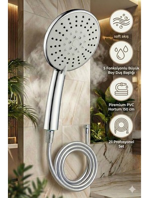 Özgürce Büyük Boy 5 Fonksiyonlu Duş Başlığı ve 150 cm Pvc Hortumlu Set