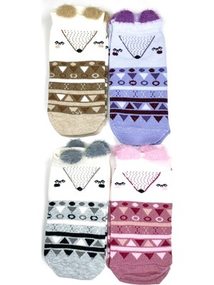 Çerçici 4 Çift Yumuşak Ponpon 3 Boyut Kulaklı Desenli Pamuklu Kadın Bilek Çorap-Royaleks