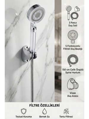 Özgürce Çelik Duş Başlığı Seti, 150 cm Örgülü Hortum, 5 Fonksiyonlu ve Mefsallı