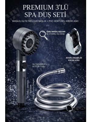 Özgürce Premium Spa 3'lü Duş Seti, Masajlı, Filtreli, Gri Başlık ve Pvc Hortum