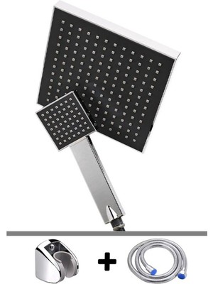 Özgürce Şık Kare Tasarımlı Duş Başlığı Seti, Tepe ve El Duş, Hortum Tutacak ile