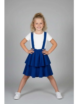 Zubi Baby & Kids Wear Kız Çocuk Saks Mavi Katlı Salopet Etek (5-14 Yaş)