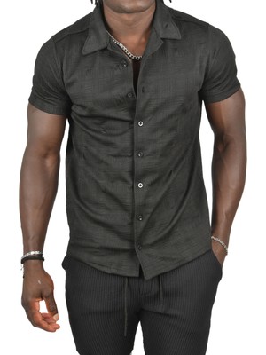 Rizzup Erkek Siyah Kabartma Desenli Slim Fit Likralı Kısa Kollu Penye Gömlek 2403222