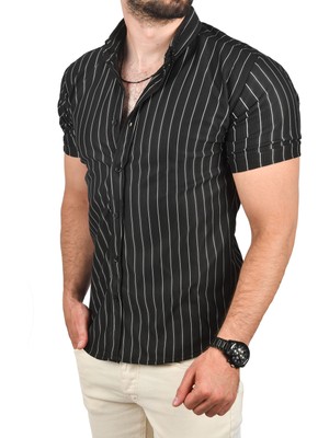 Rizzup Erkek Siyah Slim Fit Likralı Spor Gömlek Dar Kesim Çizgili Kısa Kol Gömlek 2501218