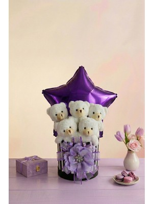 Livra Gift Kadınlar Gününe Özel Mor Yıldız Balonlu 5'li Peluş Ayıcık Buketi - Özel Tasarım Hediye Kutusunda