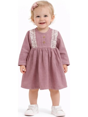 Kardelya Kız Bebek Elbise Dantel Detaylı Şık Müslin Elbise