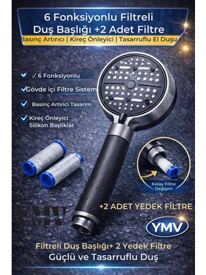 Özgürce 6 Fonksiyonlu Filtreli Duş Başlığı + 2 Yedek Filtre, Sağlıklı Su Keyfi