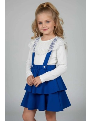 Zubi Baby & Kids Wear Kız Çocuk Beyaz Dantel Yakalı Saks Mavi Katlı Salopet Etek Takım (5-14 Yaş)