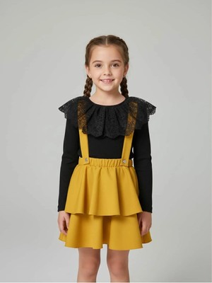 Zubi Baby & Kids Wear Kız Çocuk Siyah Dantel Yakalı Sarı Katlı Salopet Etek Takım (5-14 Yaş)