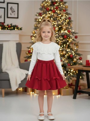 Zubi Baby & Kids Wear Kız Çocuk Beyaz Dantel Yakalı Fiyonk Detaylı Kırmızı Etek Takım (5-14 Yaş)