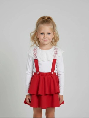 Zubi Baby & Kids Wear Kız Çocuk Dantel Yakalı Kırmızı Katlı Salopet Etek Takım (5-14 Yaş)