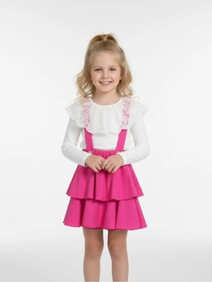 Zubi Baby & Kids Wear Kız Çocuk Dantel Yakalı Pembe Katlı Salopet Etek Takım (5-14 Yaş)
