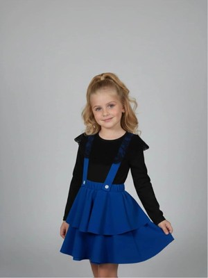 Zubi Baby & Kids Wear Kız Çocuk Siyah Dantel Yakalı Saks Mavi Katlı Salopet Etek Takımı (5-14 Yaş)