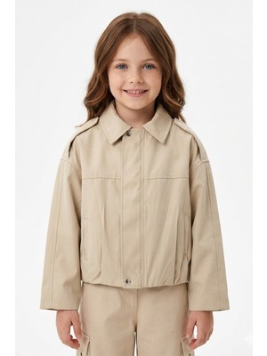 FullaModa Fermuarlı Pileli Omuz Detaylı Kız Çocuk Trençkot