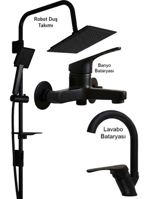 Özgürce Şık Siyah Banyo Seti Lavabo Bataryası ve Robot Duş Takımı