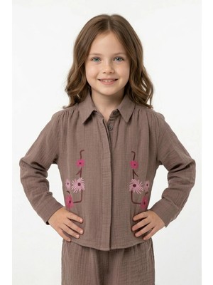 FullaModa Çiçek Nakışlı Müslin Kumaş Kız Çocuk Gömlek