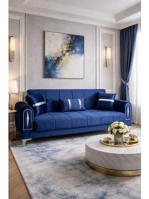 Carmen Mobilya Mavi Kadife Elmas Kanepe Çekyat