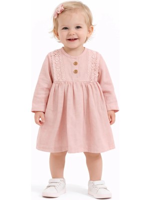 Kardelya Kız Bebek Elbise Dantel Detaylı Şık Müslin Elbise