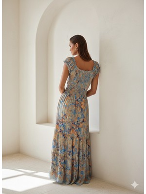 Fibula Zarif Otantik ve Bohem Gipeli Standart Beden Ithal Ipek Maxi Elbise 36-44 Bedenler Arası Olur