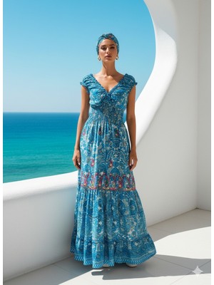 Fibula Zarif Otantik ve Bohem Gipeli Standart Beden Ithal Ipek Maxi Elbise 36-44 Bedenler Arası Olur