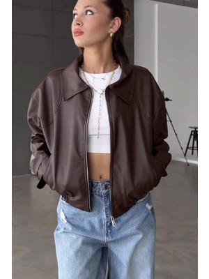 Prifaldi Belize Oversize Bomber Belden Lastikli Kahverengi Deri Ceket