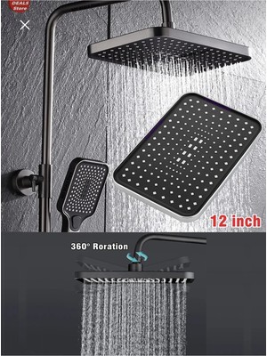 Özgürce Siyah Tepe Yağmurlama Duş Seti, Mat Siyah, Ekstra Büyük, Batarya Dahil, Fonksiyonlu