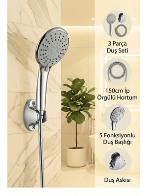Özgürce 5 Fonksiyonlu Büyük Boy Krom Duş Başlığı ve Örgülü Hortumlu Set