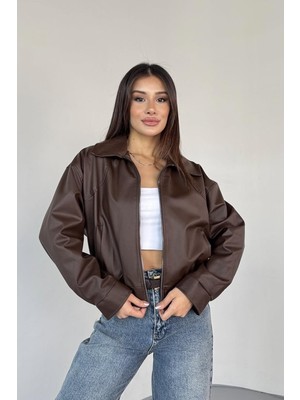 Prifaldi Premium Pb Oversize Bomber Belden Lastikli Kahverengi Deri Ceket