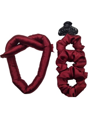 Hype Store Sipariş Vakti Ipek Saten Isısız Saç Şekillendirici ve Saç Tokası (Tek Ebat, Bordo3)