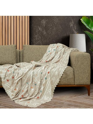 Softmicro Boho Etnik Desenli Mikrofiber Koltuk Örtüsü ve Tv Battaniyesi, Koltuk Şalı, Kaymaz Bej 130