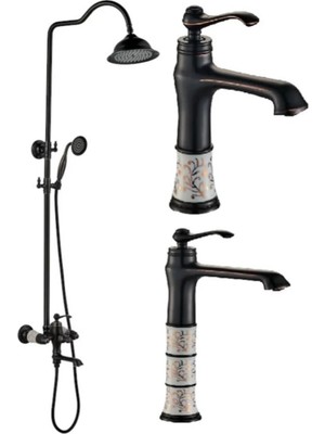 Özgürce Porselen Desenli Kare Lavabo, Eviye Mutfak ve Duş Seti Seti