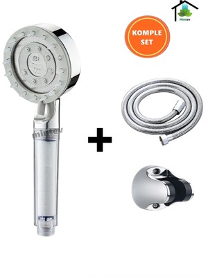 Özgürce Filtreli ve Masajlı Krom Duş Başlığı Seti, Hortum ve Mafsallı Tasarım
