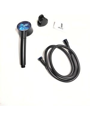 Özgürce Siyah Turbolu Banyo Duş Başlığı Seti, 150 cm Paslanmaz Hortum ve Askı Mafsallı