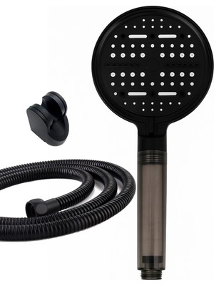 Özgürce Şık Siyah Fonksiyonlu Mafsallı Duş Başlığı ve Örgülü Hortum Seti